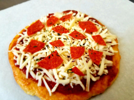 Freshly made low-carb and gluten-free keto Pepperoni Pizza